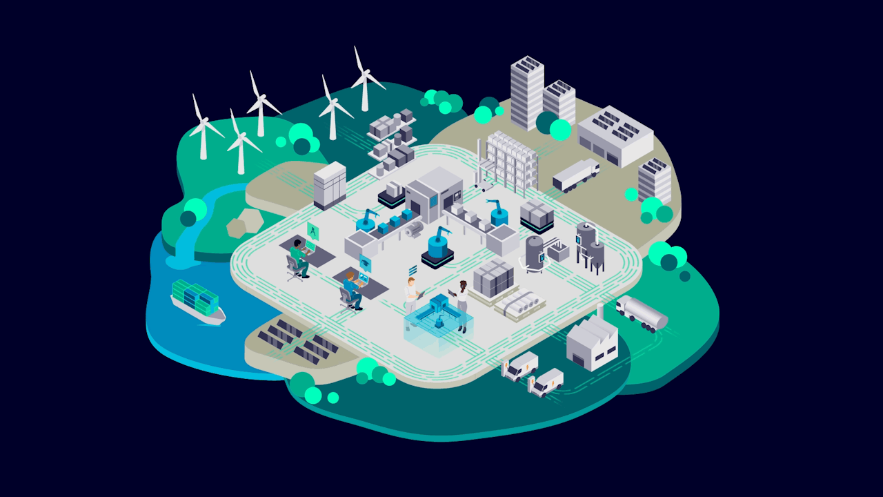 A graphic representation of sustainable production landscape with various elements like plants, trees, and a water body.