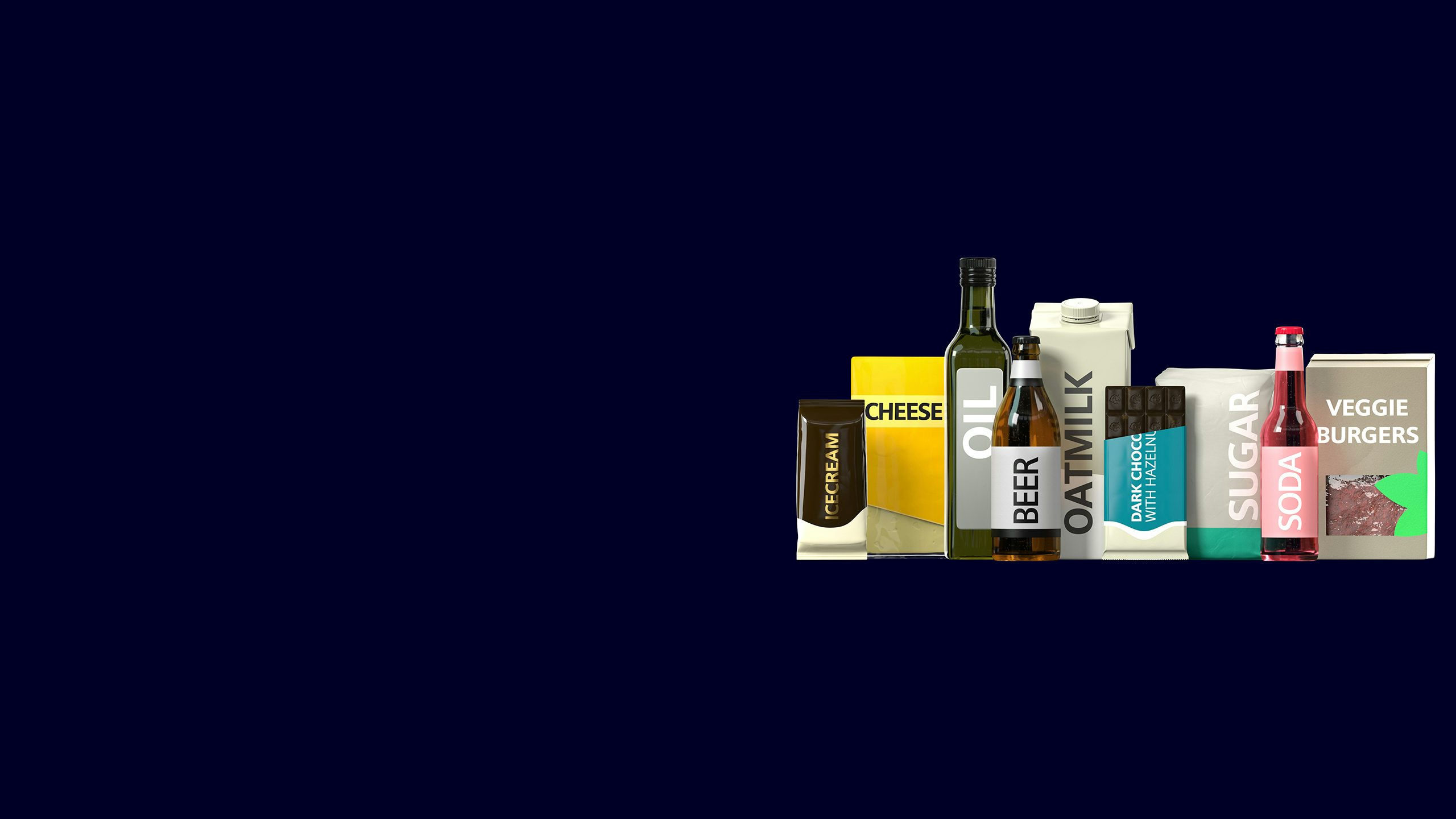 A diverse range of packaged food and beverage products with generic labels, such as ice cream, oil, beer and cheese.