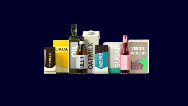 A diverse range of packaged food and beverage products with generic labels, such as ice cream, oil, beer and cheese.