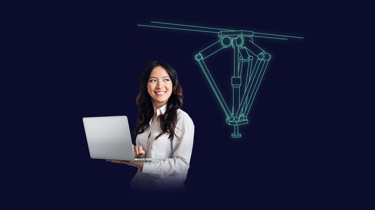 A smiling woman holds a laptop next to a green wireframe diagram of a robotic arm, symbolising technology and engineering.