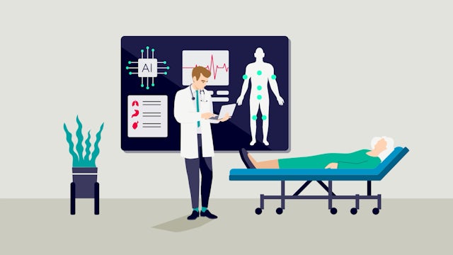 Illustration of a doctor standing in front of a patient laying on a medical bed, with a monitor on the wall in the background displaying medical information.