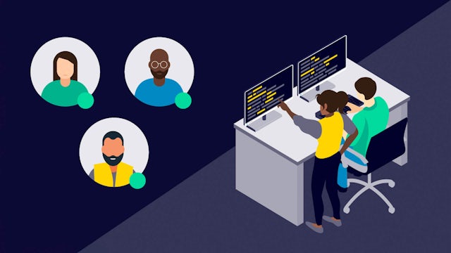 Icon with people working at a desk and three other people appearing in bubbles to the side