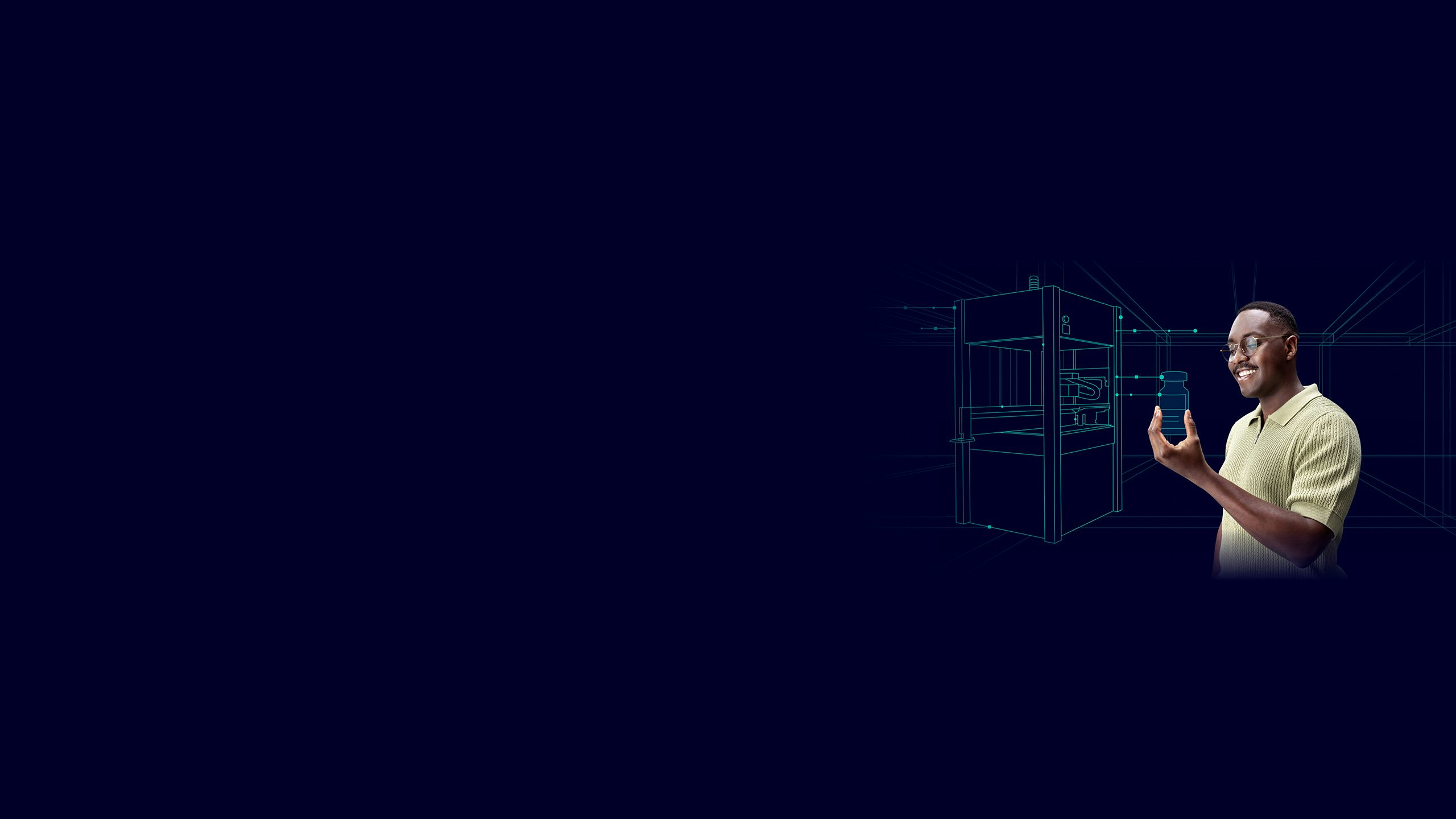 An engineer imagines a digital twin of production machinery and the final product.
