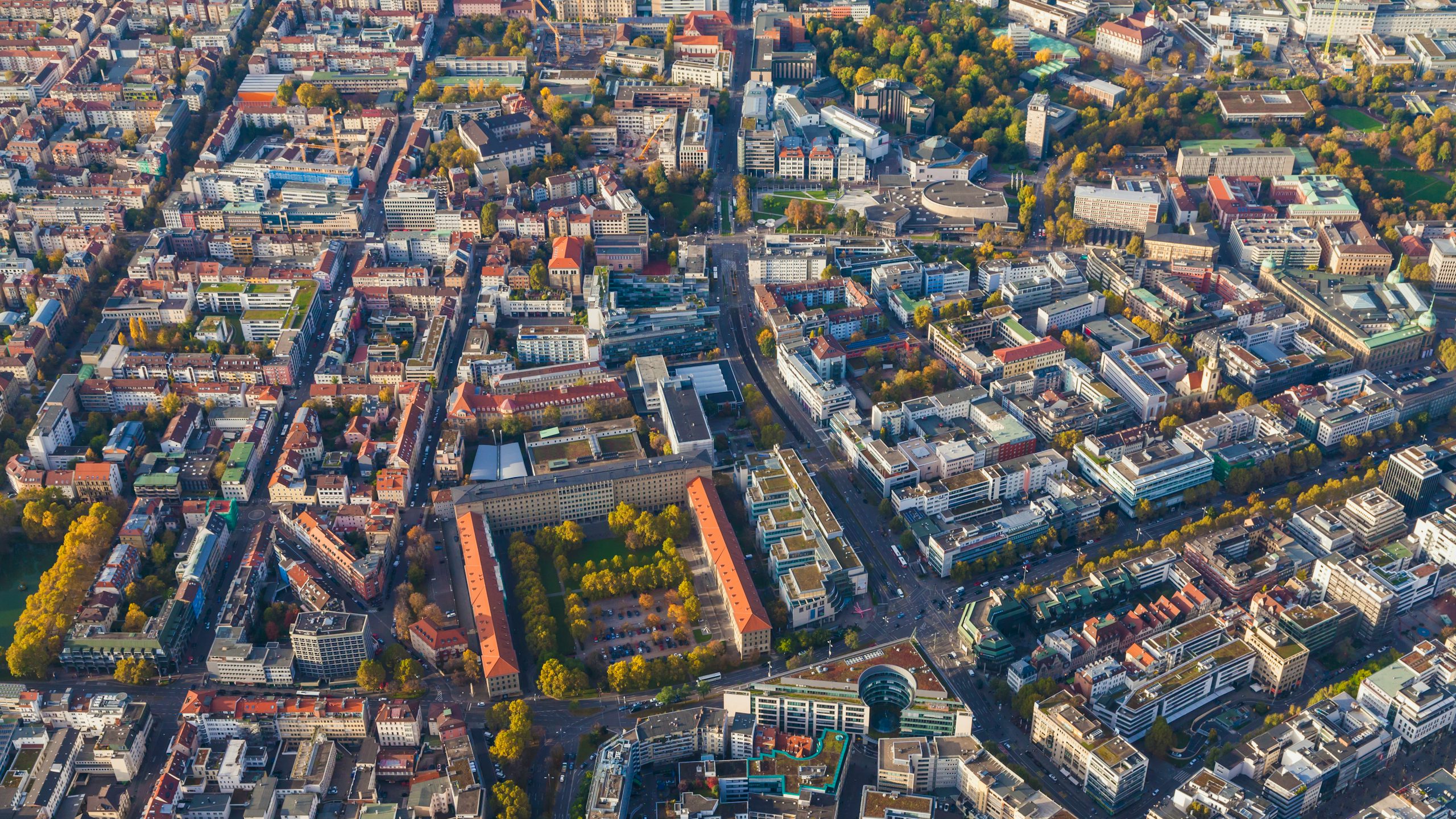 The image shows an aerial view of the town center of Stuttgart, Baden-Wuerttemberg, Germany.