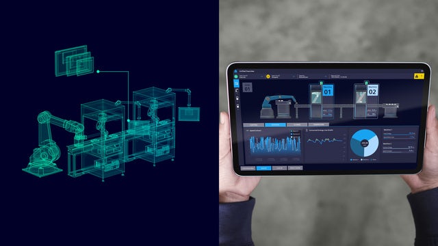 Digital twin of an automated production line displayed next to a tablet showing an HMI dashboard with robotic control and real‑time performance data.