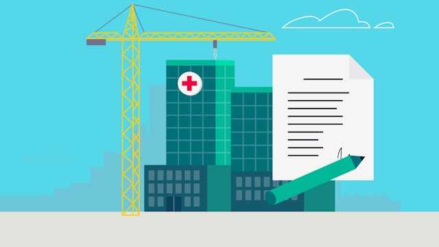 An illustration of a hospital and a crane machine in the background, with a document and a pen in the foreground.