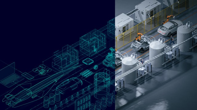 Split-image showing a digital wireframe illustration transitioning into a real automotive production line with robotic arms assembling vehicle bodies and large industrial tanks in a modern factory setting.