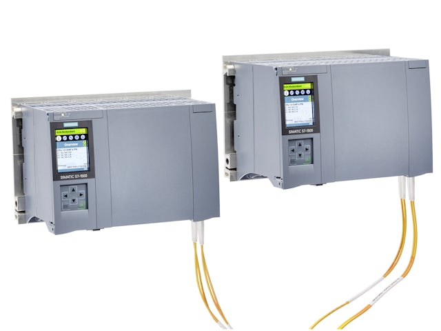 Two industrial control modules with blue labels, displaying LED indicators and connection ports