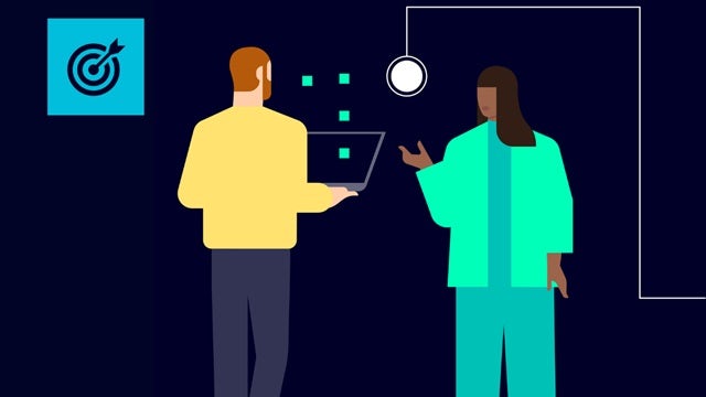 Graphic of two people, one holding a laptop