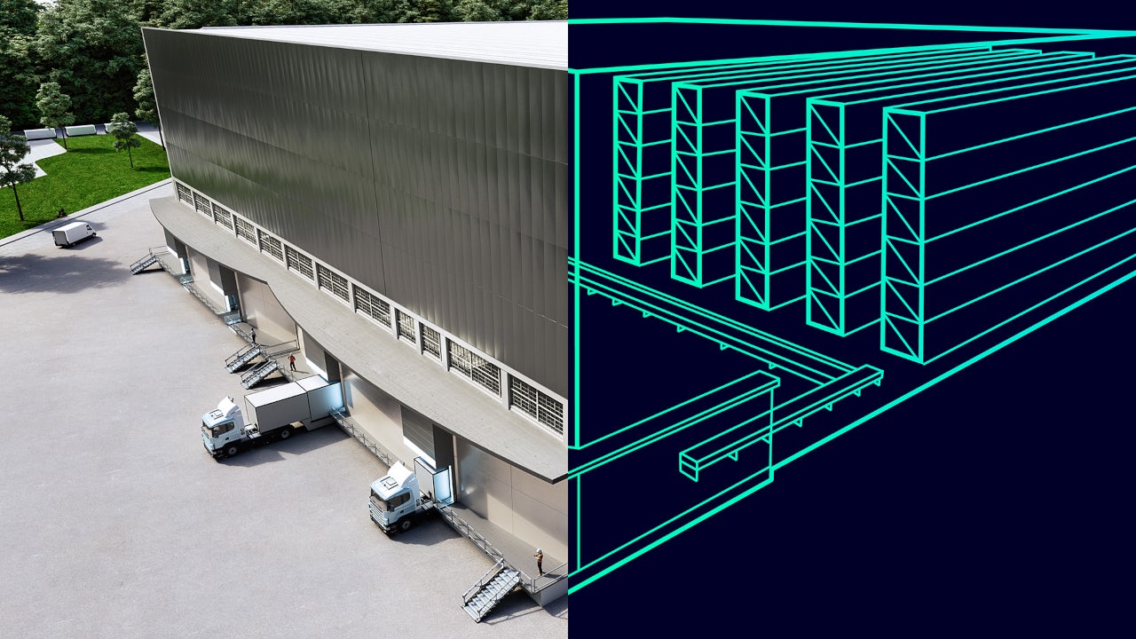 Warehouse loading docks with trucks next to a digital blueprint of interior storage racks.