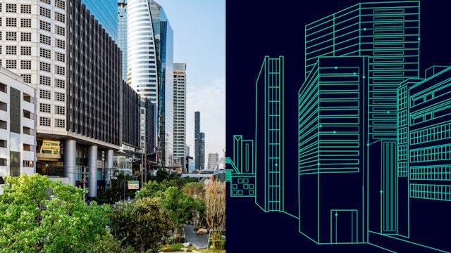 A split image showing a modern cityscape with lush green trees on the left and a stylized, neon-blue outline drawing of city buildings on a dark background on the right.