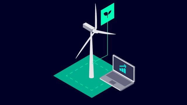 Illustration of a wind turbine connected to a digital platform, representing how Food & Beverage manufacturers can integrate renewable energy into production infrastructure.