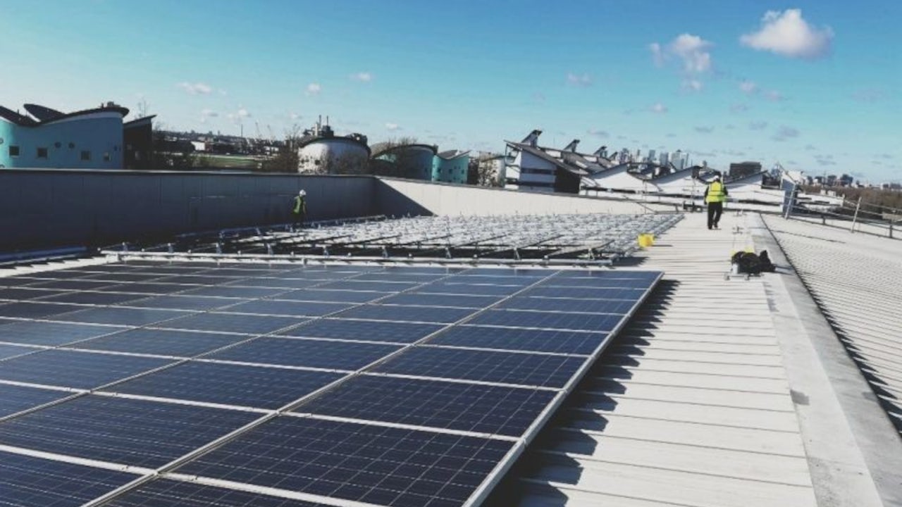 Solar panels on the roof of the University of East London.