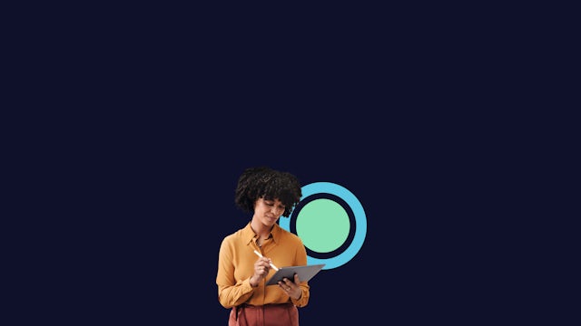 Woman using tablet and pencil, surrounded by abstract shapes on deep blue background