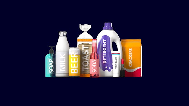 A collection of everyday household and grocery items, including a teal soap dispenser, a white milk bottle, a yellow beer can, a bag of white bread labeled 'TOAST', a pink soda bottle, a large white bottle of detergent with purple and white polka dots, a tube of toothpaste, a red lipstick, and a bag of crackers, all arranged against a dark blue background.