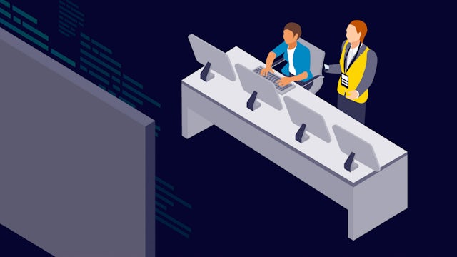 Icon of an instructor behind a student working at a desk.