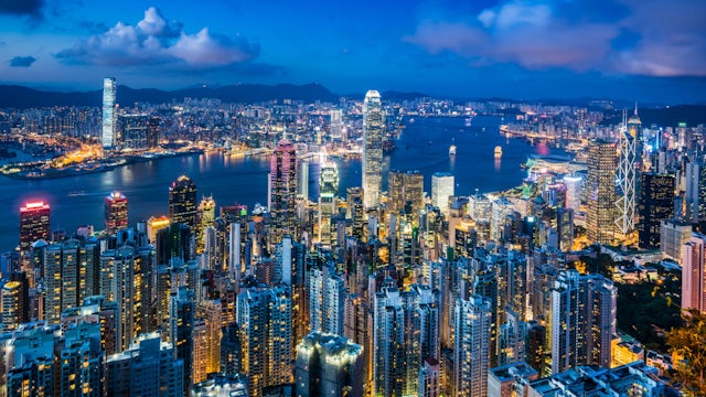 View of Victoria Harbour and Central from Victoria Peak, Hong Kong, China, East Asia