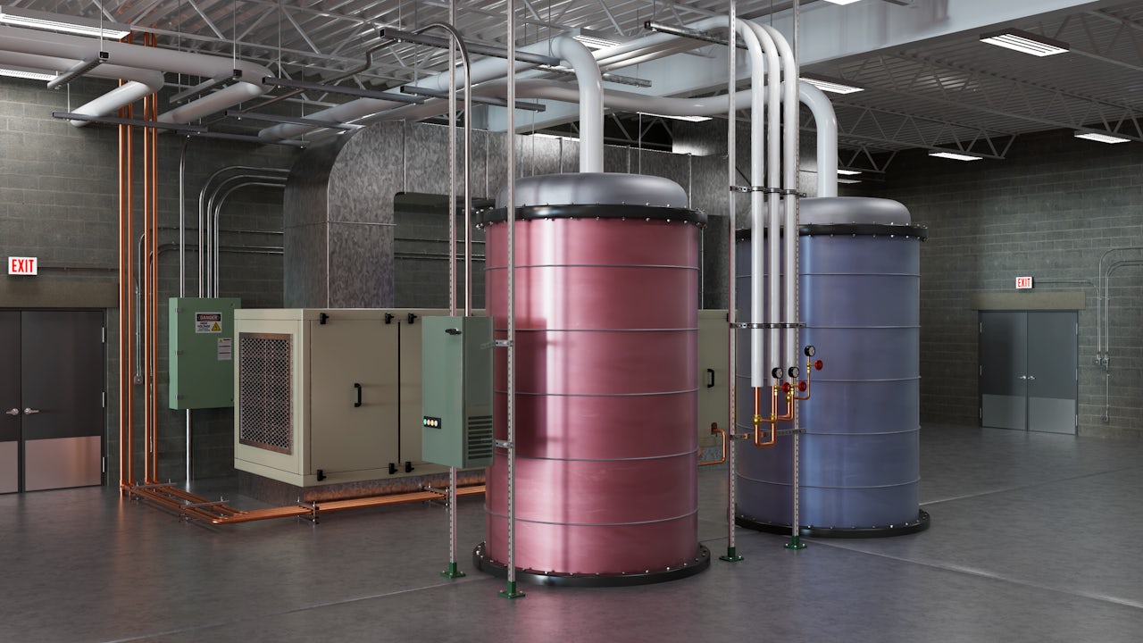Industrial room with large red and blue tanks, HVAC units, exposed pipes, and concrete walls.