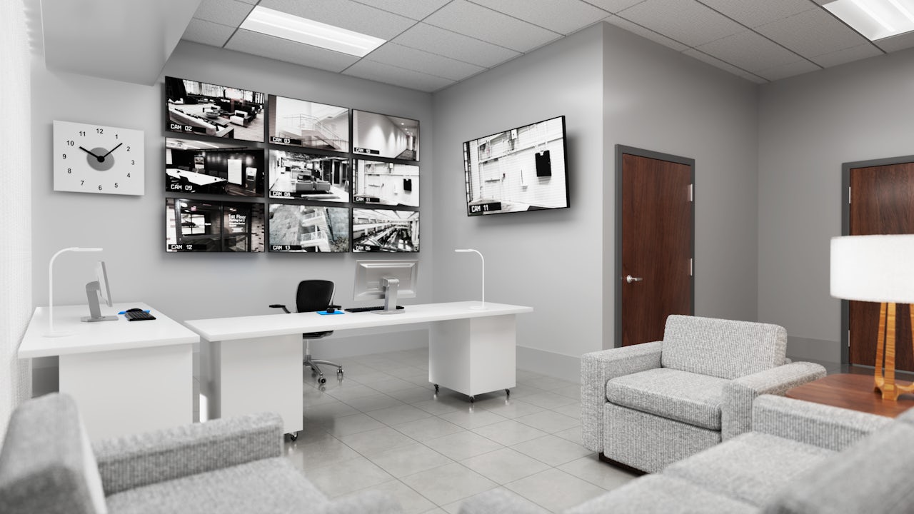  A rendering of a security control room or command center. This centralized area to monitor and manage activity feeds from surveillance cameras. 