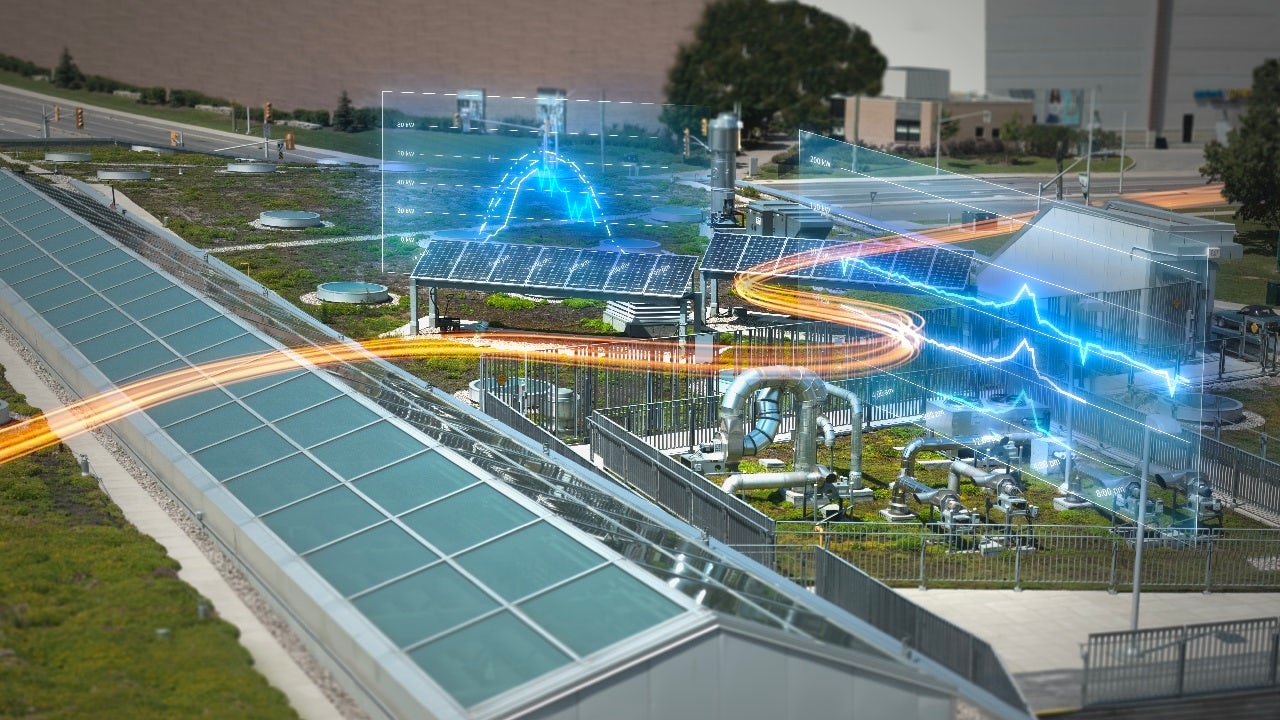 An outdoor industrial facility with solar panels and buildings is depicted with glowing blue and orange energy lines indicating energy flow.