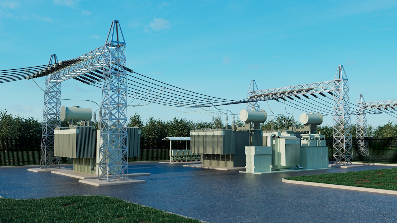 Electrical substation, a crucial part of the power grid that transforms voltage levels for efficient transmission and distribution of electricity.