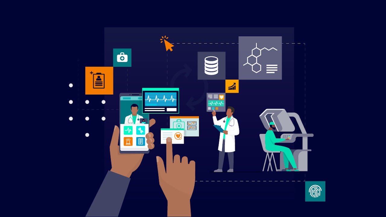 An illustration of a person holding a cell phone with a doctor on the screen. In the background, there is a medical setting with 2 medical professionals surrounded by medical icons and widgets.