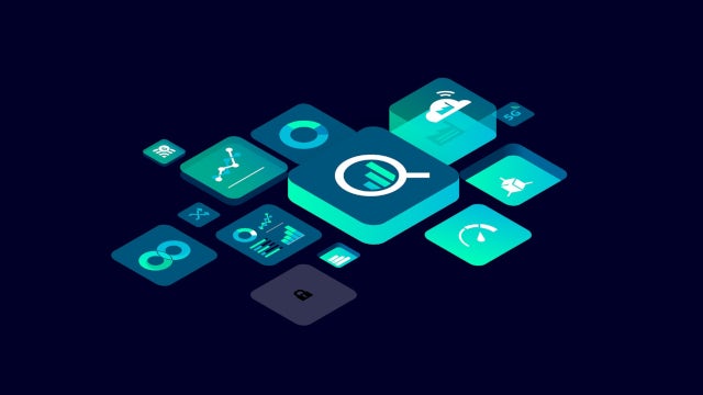 Abstract digital interface with icons representing data analytics, performance monitoring, and industrial IoT applications on a dark background.