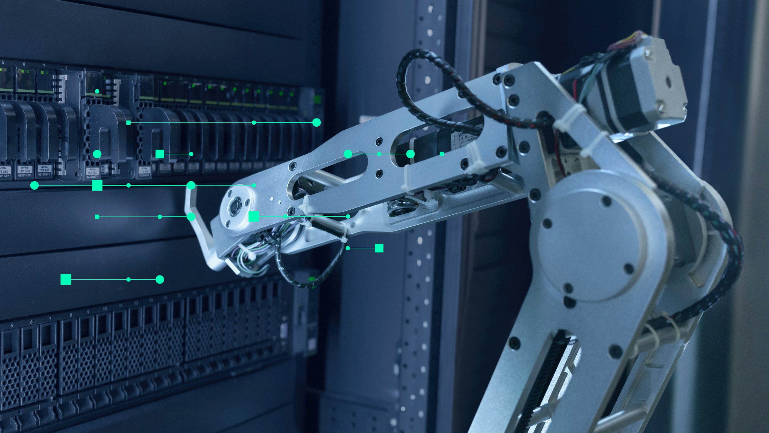 A robotic arm interacts with a server rack, with green digital lines and dots flowing between them, symbolizing data transfer.
