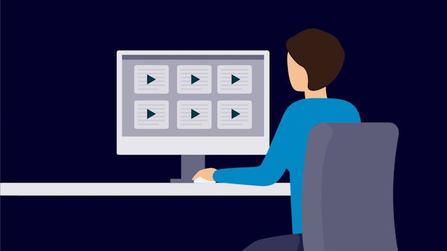 Icon of a person sitting in front of a computer monitor displaying arrows.