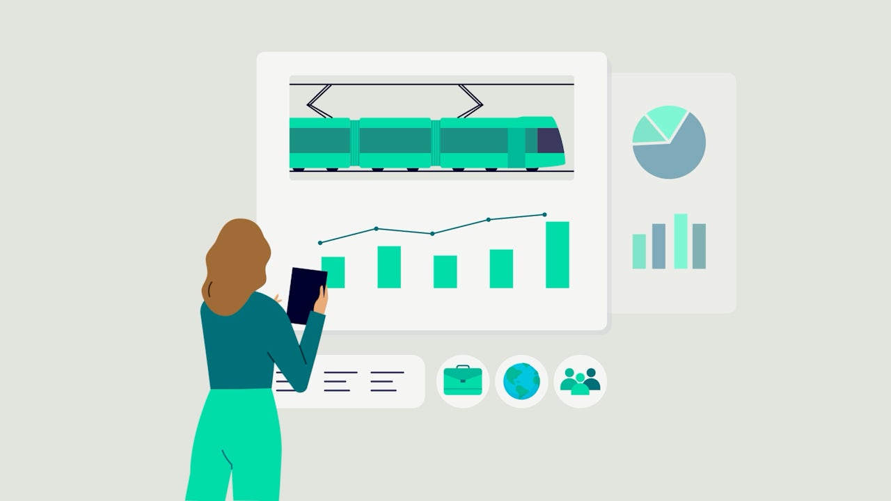 An illustration of a woman holding a tablet device while standing in front of a visual of charts and graphs.