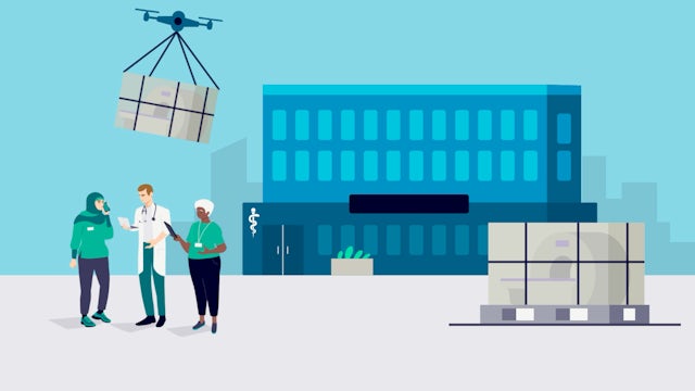 Illustration of medical professionals standing outside of a hospital while a drone delivers packages to them.
