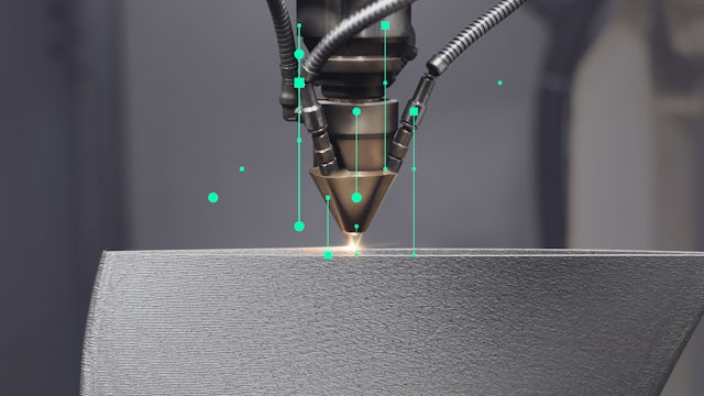 A close-up shot of an industrial 3D-printing nozzle creating a metallic object, with digital green lines and dots radiating from the nozzle, symbolising data flow.