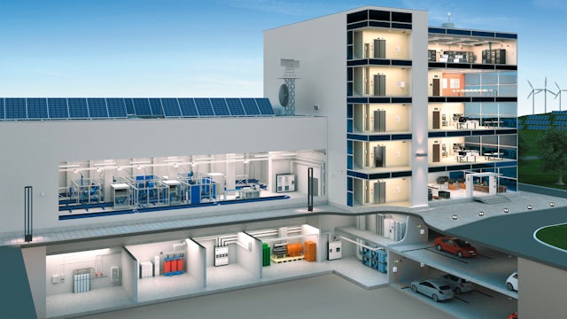 A detailed cutaway rendering of a sustainable multi-story building complex, featuring a factory, offices, and underground parking.