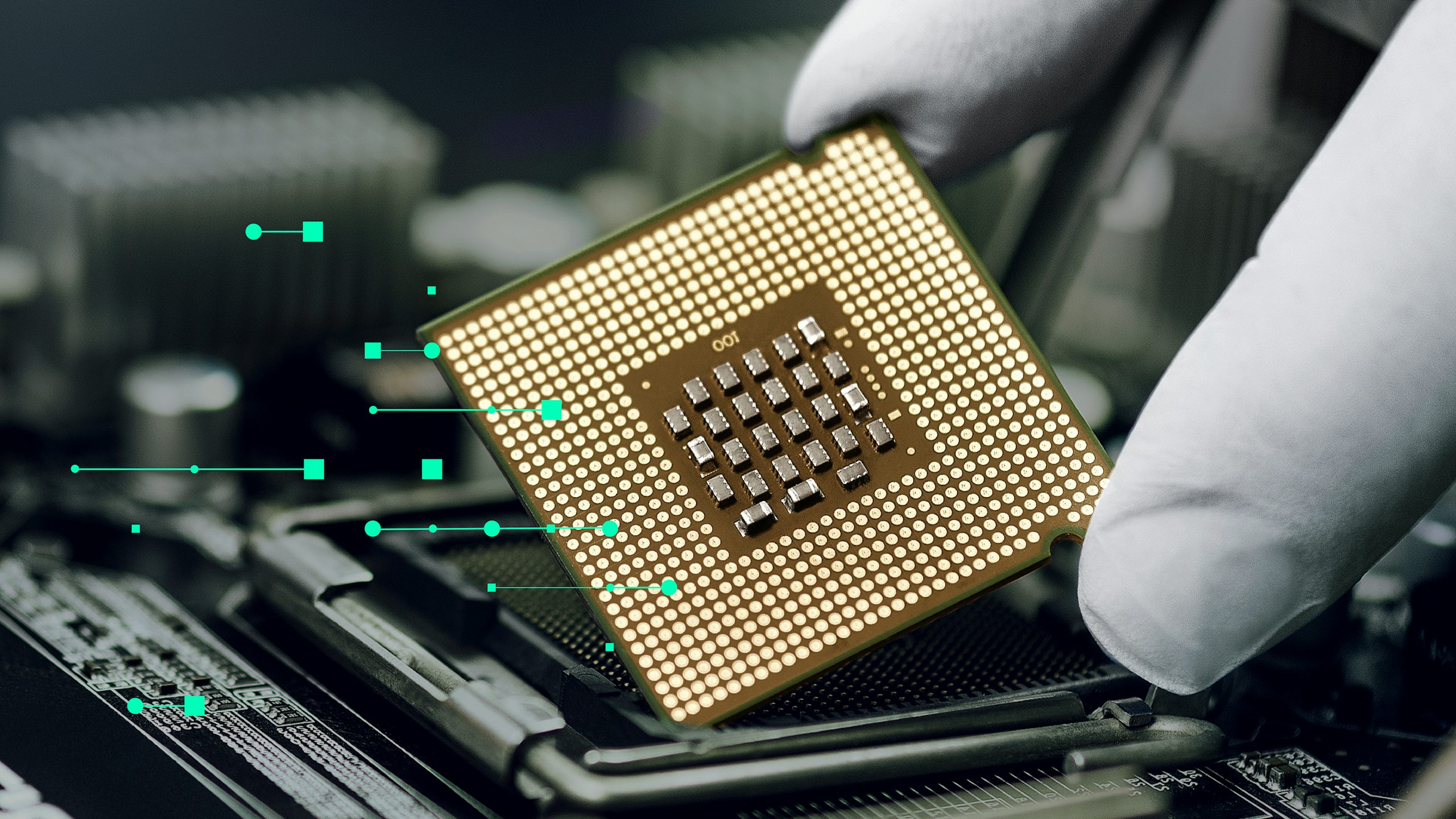 A gloved hand places a CPU onto a motherboard, with green digital lines and squares overlaid, suggesting data flow or connection.