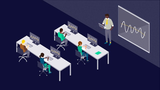 Stylized icon of a teacher holding a laptop at the front of a class with students at desks with monitors.