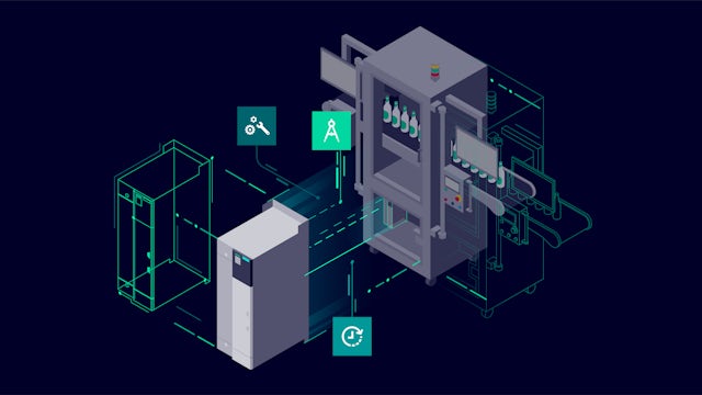 Isometric industrial machinery with digital icons on dark background.