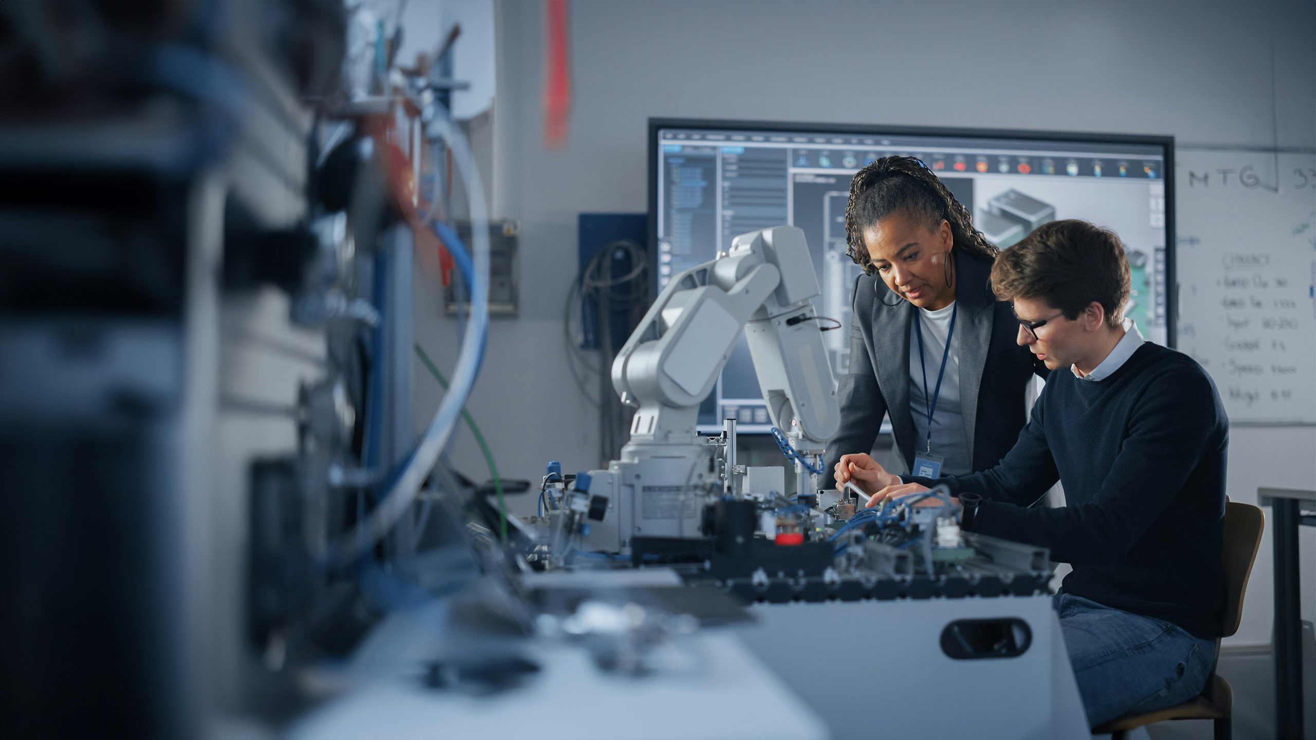 A student and a teacher are sitting in a laboratory working on something with a robot.