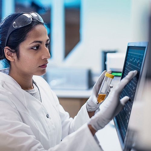 Female scientist working in the lab, using a computer screen.
