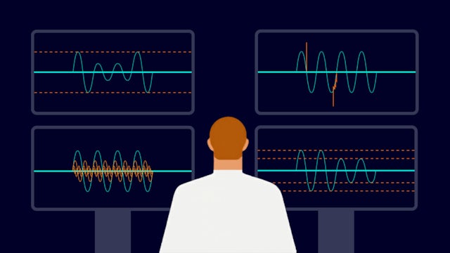 Illustration of an data center employee sitting in front of four monitors with analytics datafor power qualtiy