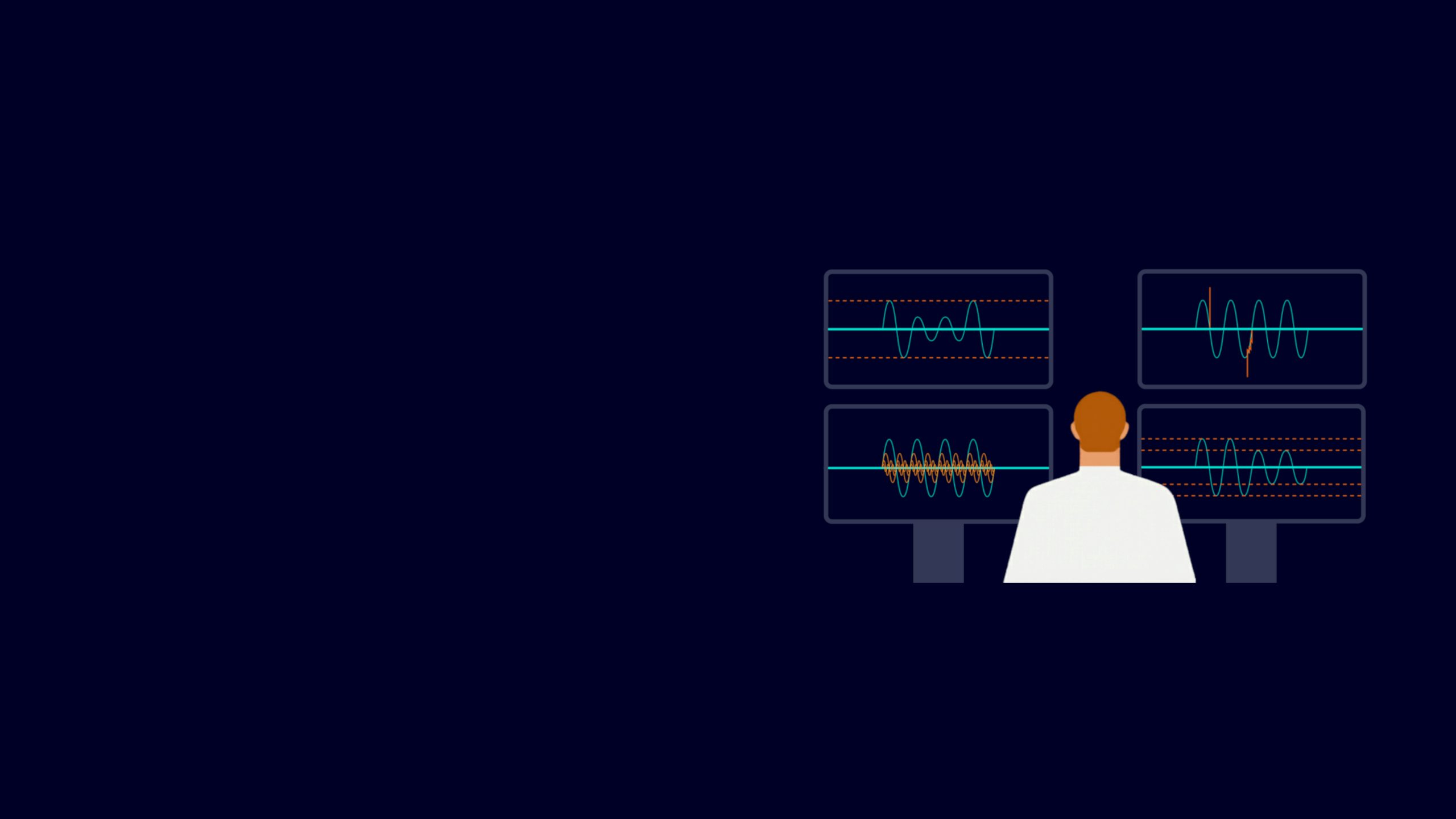 Illustration of an data center employee sitting in front of four monitors with analytics datafor power qualtiy