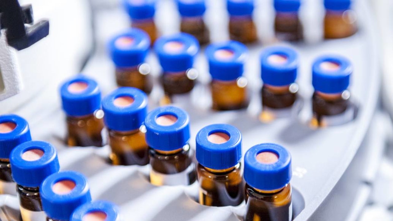 Close-up view of a laboratory tray filled with small brown sample vials sealed with blue caps.