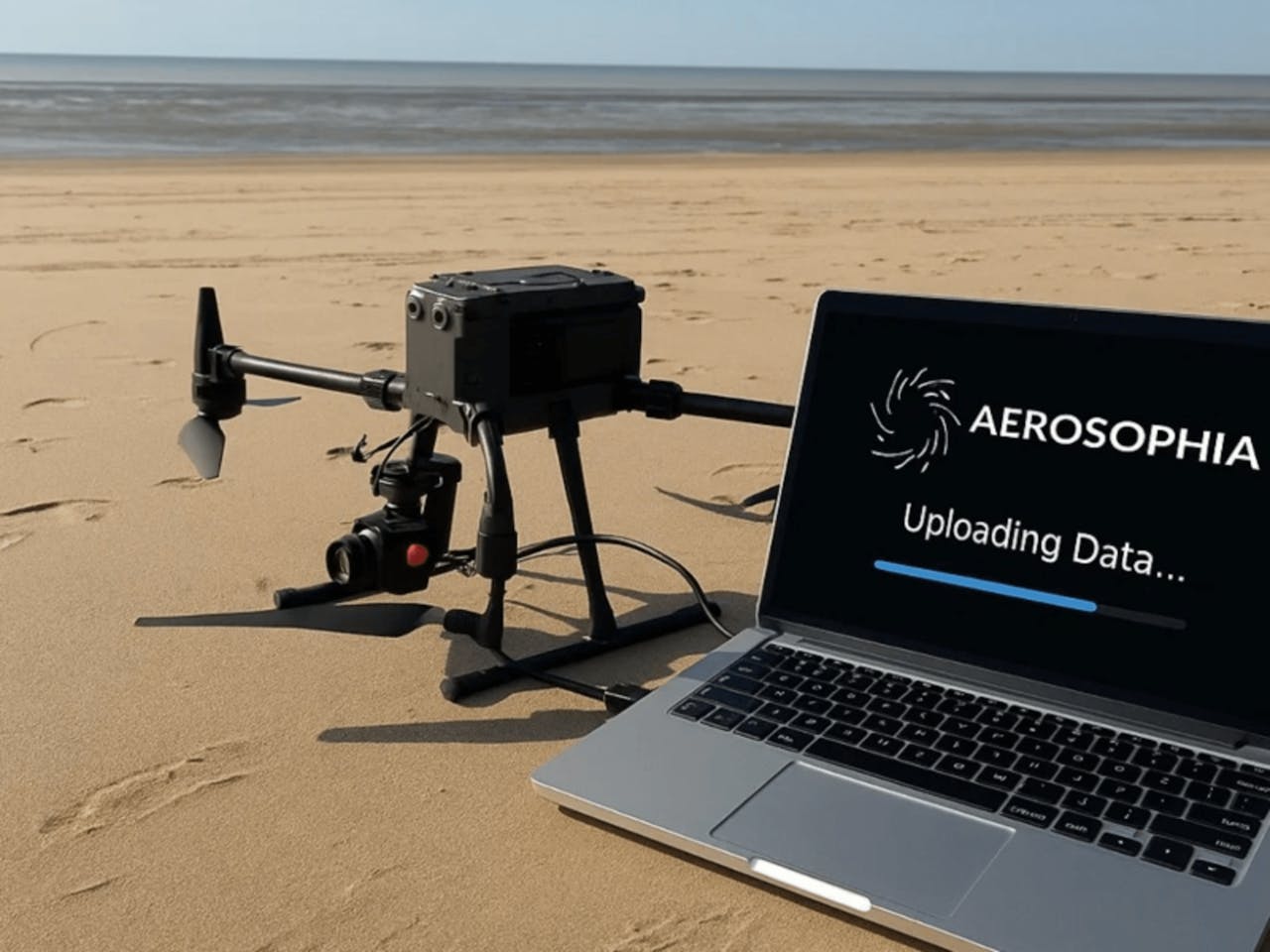 Drone and laptop on beach, data uploading
