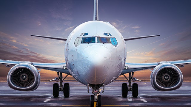 Front-end view of a Boeing 737 passenger jet aircraft