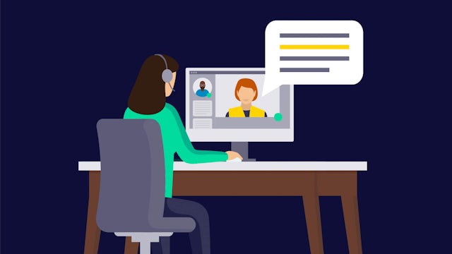 Icon of a customer service rep on a video call with a quote bubble jumping out of monitor.