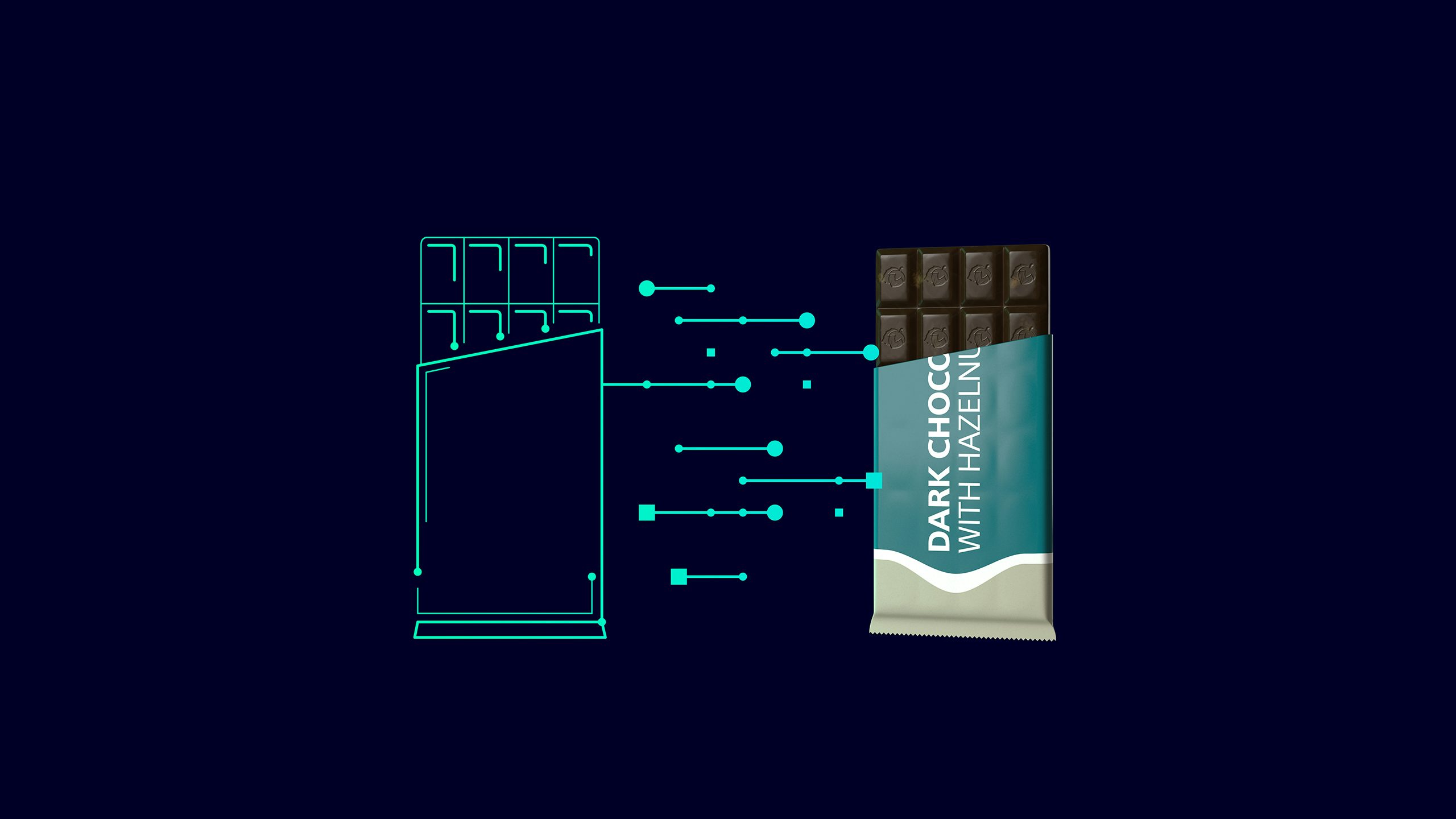 A digital twin key visual of a bakery and confectionery with chocolates displayed prominently.