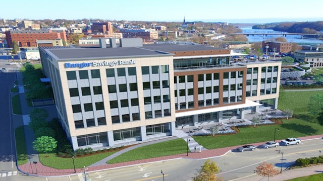 Bangor Savings Bank building with a modern architectural design and a large glass window. 