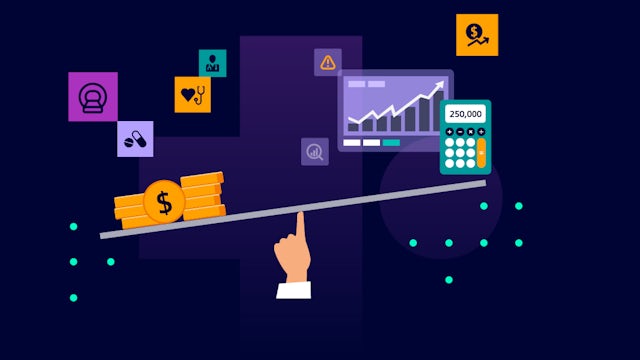 An illustration of a finger balancing a scale of money and data to represent healthcare spending.