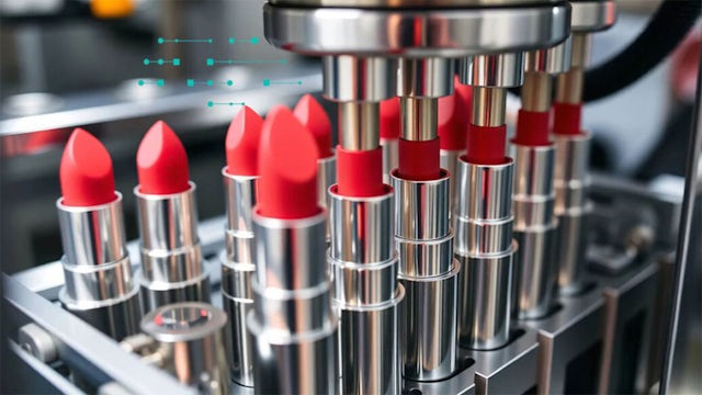 Red lipsticks in silver tubes on an automated manufacturing line, with machinery and digital data points overhead. 