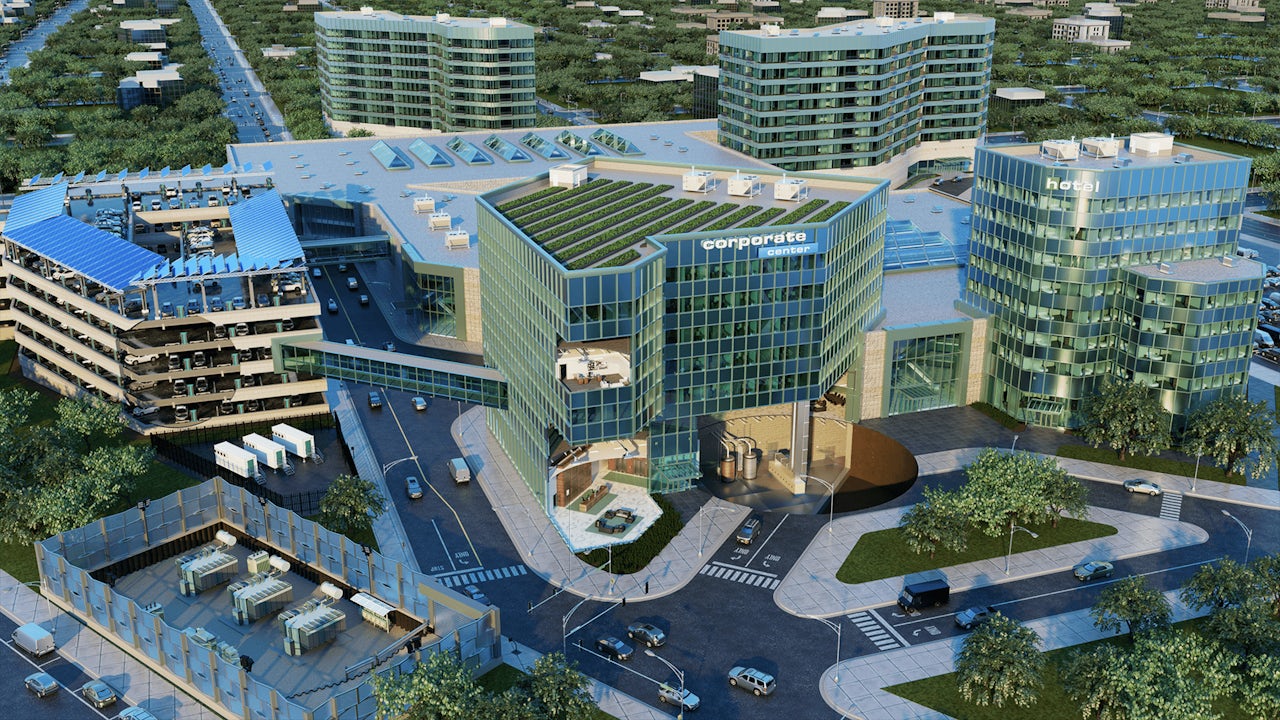 Siemens Financial Services (SFS) buidling. A birds-eye view of a commercial area with buildings and vehicles.