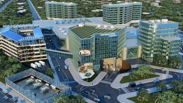 Siemens Financial Services (SFS) buidling. A birds-eye view of a commercial area with buildings and vehicles.